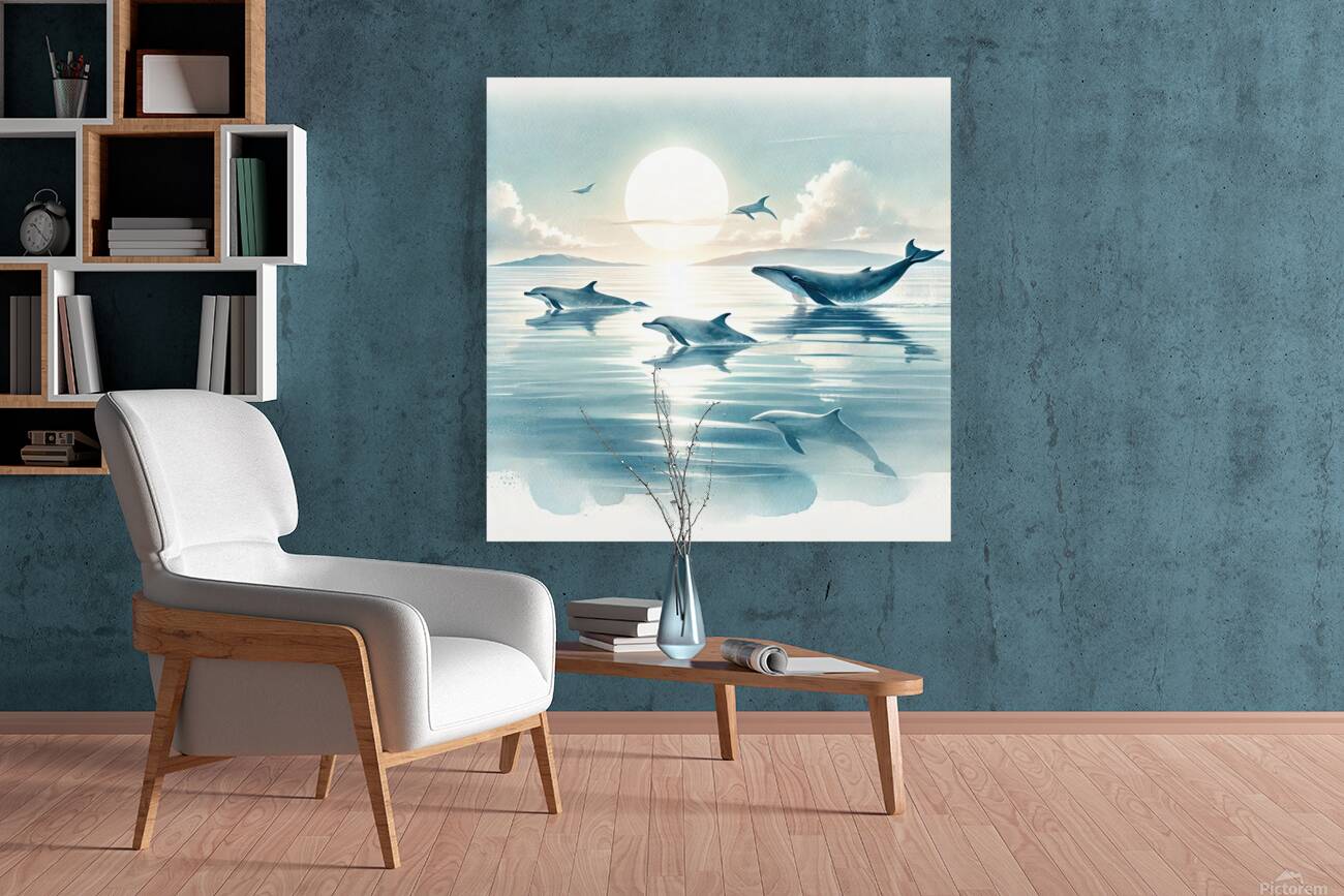 Majestic Whales and Dolphins in a Serene Ocean Reproduction