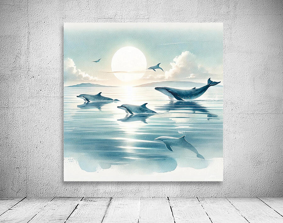 Majestic Whales and Dolphins in a Serene Ocean Wall Preview