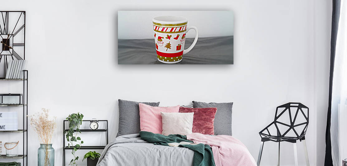 Beautiful photograph christmas pattern cup on a white background. A cozy illustration for a postcard. A mug with a Santa Claus tree boot box on Valentines Day tree ornament embroidery. Winter New Year Christmas illustration by alandesigner