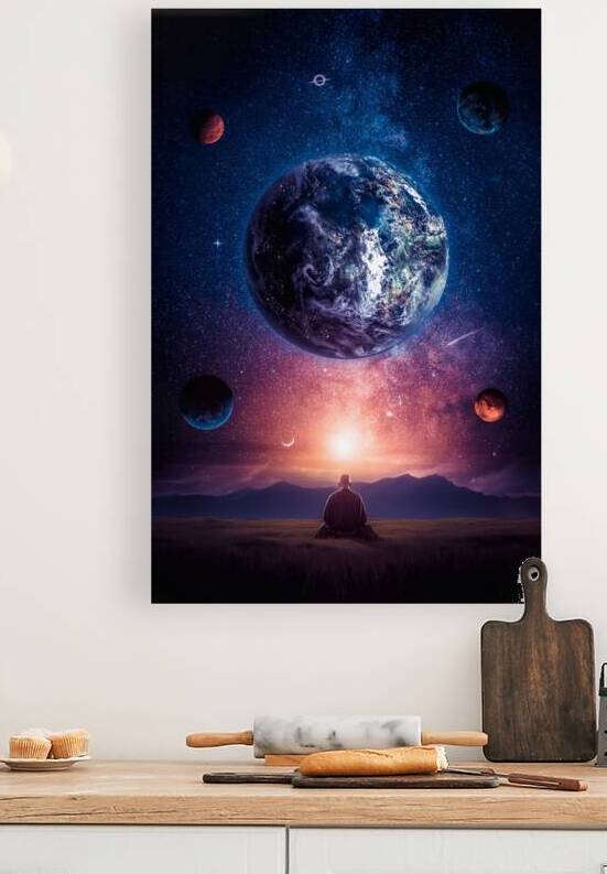 Buddhist monk meditating in harmony with universe by Gen Z