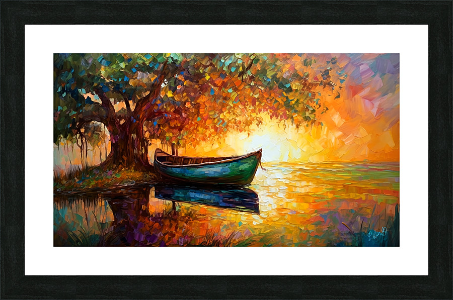 Boat at tranquil sunset Picture Frame print
