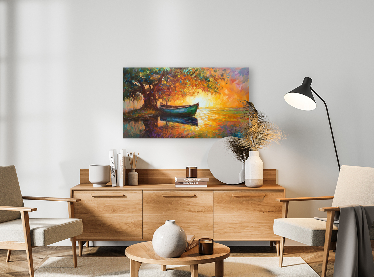 Boat at tranquil sunset Reproduction