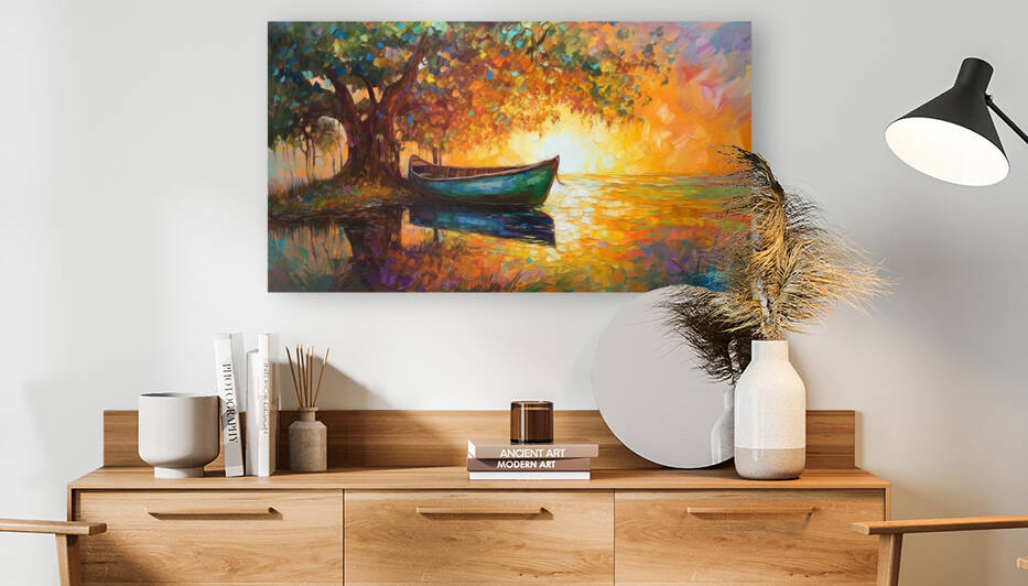 Boat at tranquil sunset Reproduction