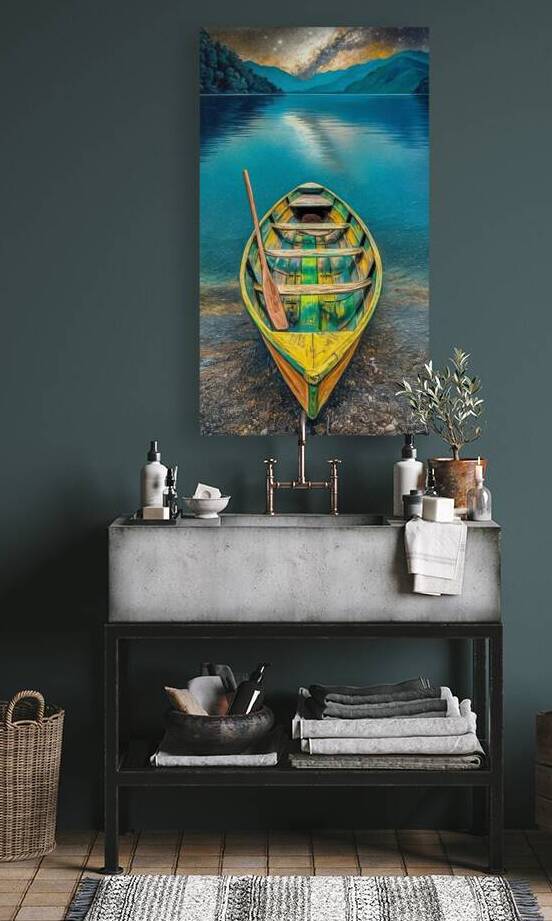 A peaceful lakeside setting under the starry night sky. A colorful wooden boat with a green and yellow exterior is prominently displayed by celistima