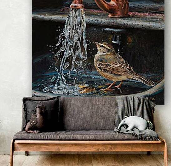 A captivating oil painting that brilliantly captures the essence of an antique iron sink featuring an antique brass faucet. by celistima
