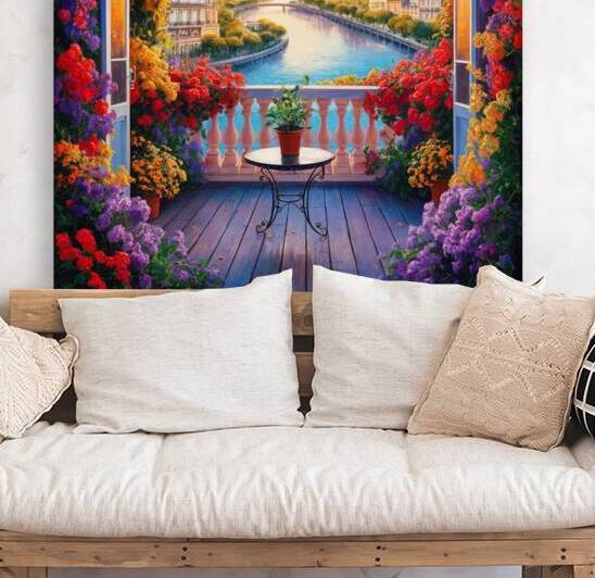 A charming and vibrant painting that captures a stunning view of a picturesque balcony overlooking a tranquil river. by celistima