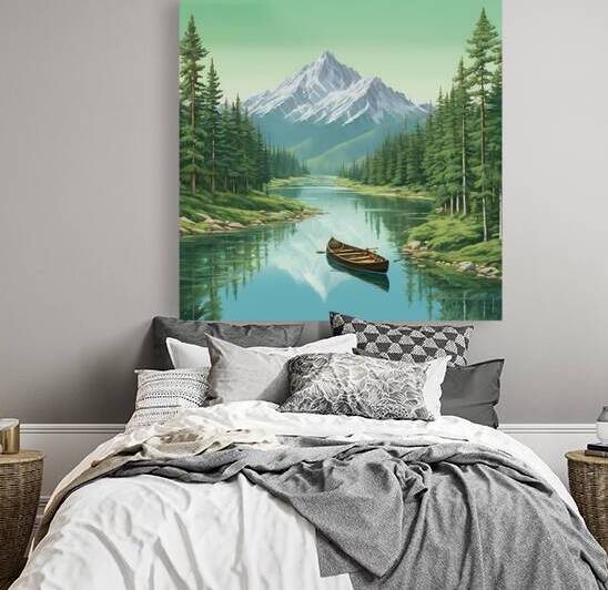 A forest of pine trees in spring and a small boat on the river by TAIBART