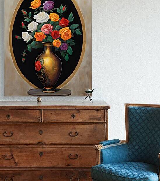 A black gilded vase filled with roses and flowers by TAIBART