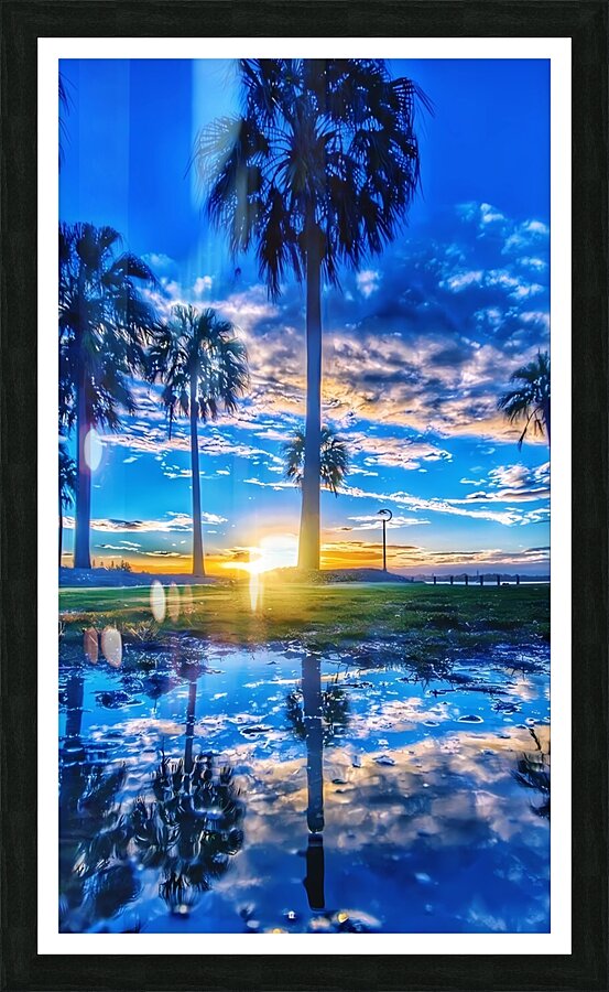 Golden Sunset Reflection – Tropical Palm Trees and Tranquil Waters Picture Frame print