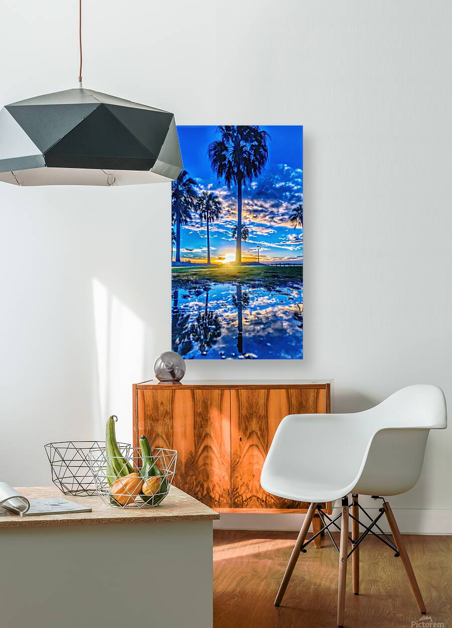 Golden Sunset Reflection – Tropical Palm Trees and Tranquil Waters Reproduction