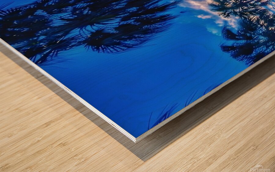 Golden Sunset Reflection – Tropical Palm Trees and Tranquil Waters Wood print