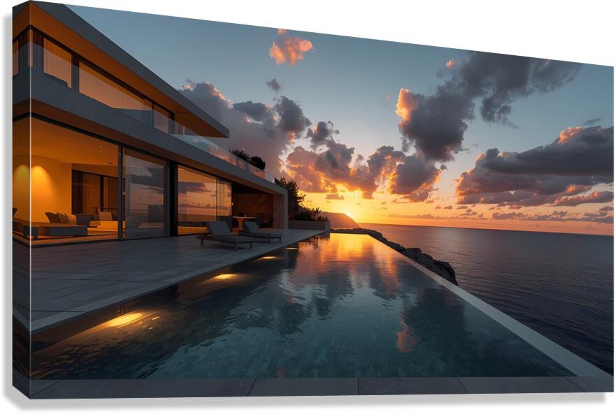 Modern architecture villa with infinity pool at sunset