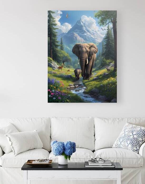 Elephants Forest Canvas Wall Art - Wildlife Mountain Nature Decor by El moustapha