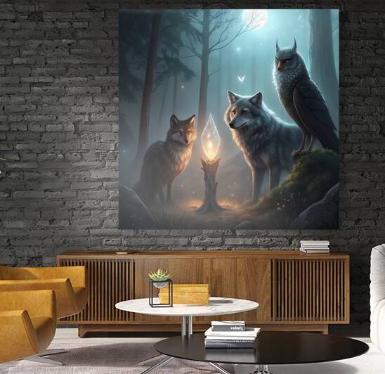 Mystical Wolves and Owl – Fantasy Forest Night Artwork by El moustapha