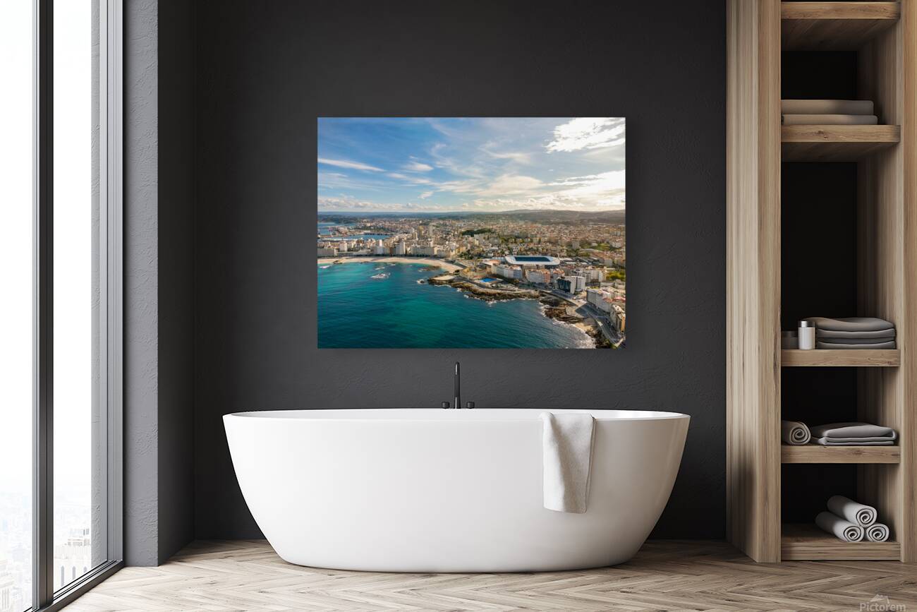 A Coruna city aerial perspective. Old historic center of the city.  Reproduction