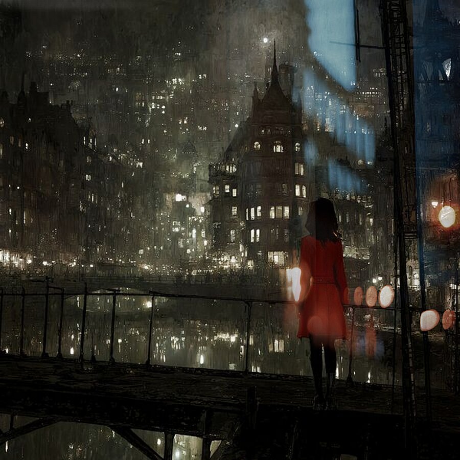 The Girl in Red at the Edge of Night Picture Frame print