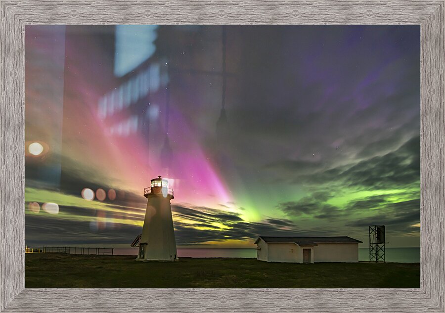 Northern_Lights_on_Cheticamp-Island_at_Enragee_Point_Lighthouse. Picture Frame print