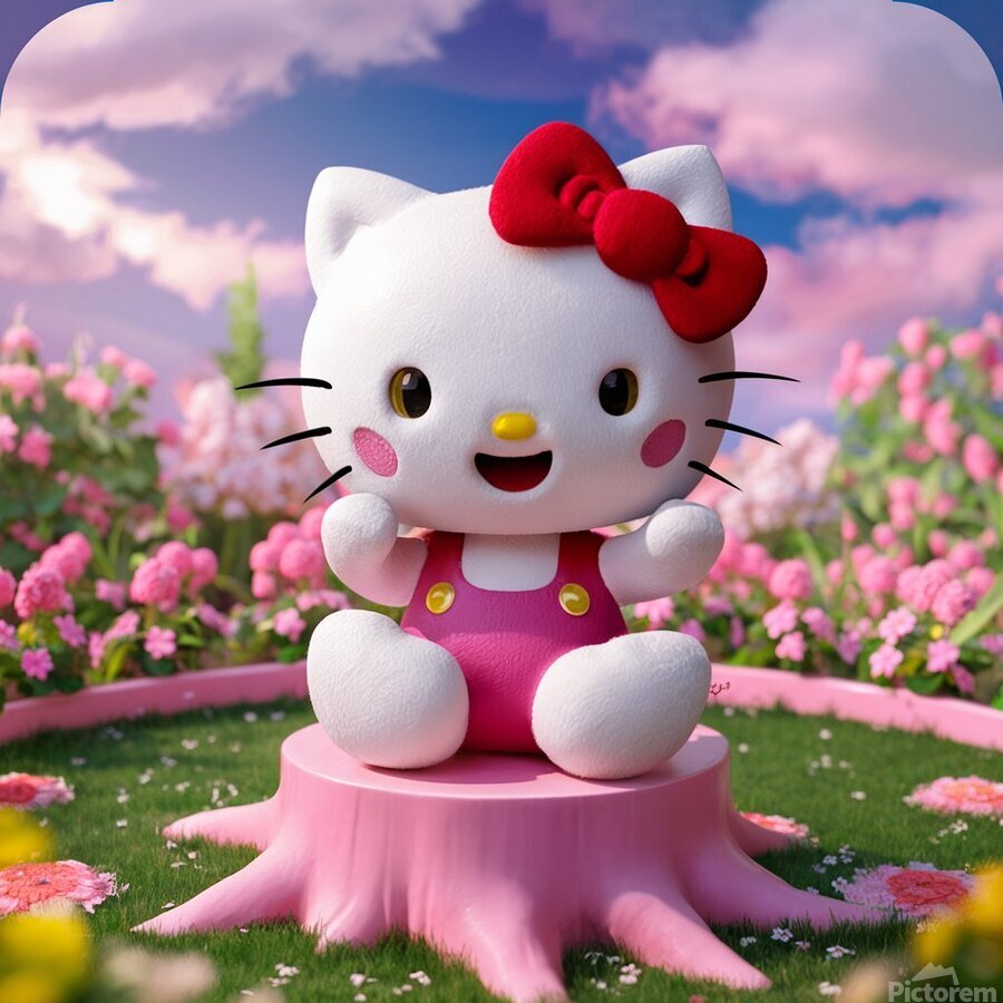 an adorable playful hello kitty sitting on a pink by NANAWAY Wall Art