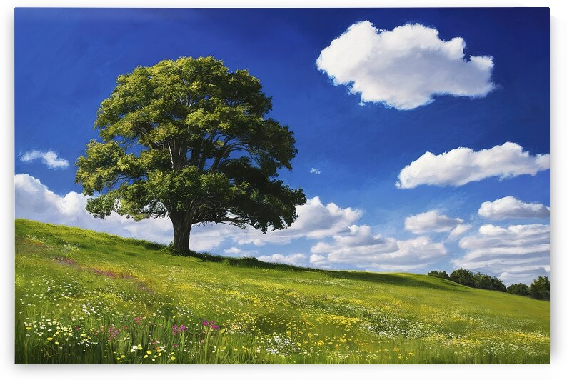 Single tree on green meadow and blue sky bright v 1722616130.303 by Iremia Tudor