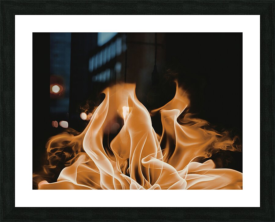 large orange flame on a black background Picture Frame print