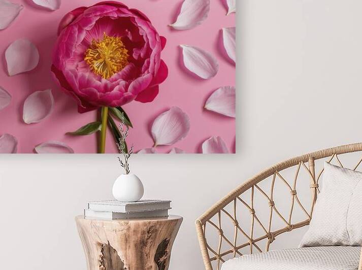 pink peony flower and scattered petals on a pink  1722613908.075 by Iremia Tudor