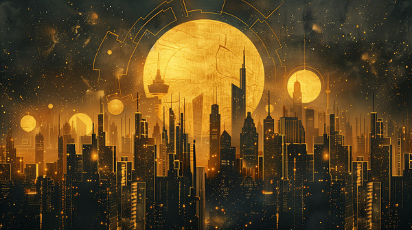 A celestial cityscape where skyscrapers and lan f Digital Download