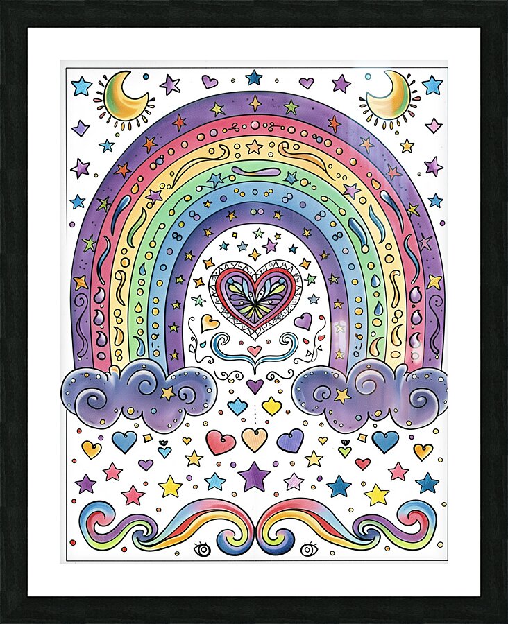 A coloring book page featuring a rainbow each w 3 Picture Frame print