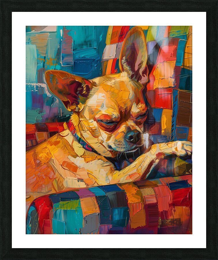 A beautiful chahuahua lying on owner in the sof 7 Picture Frame print