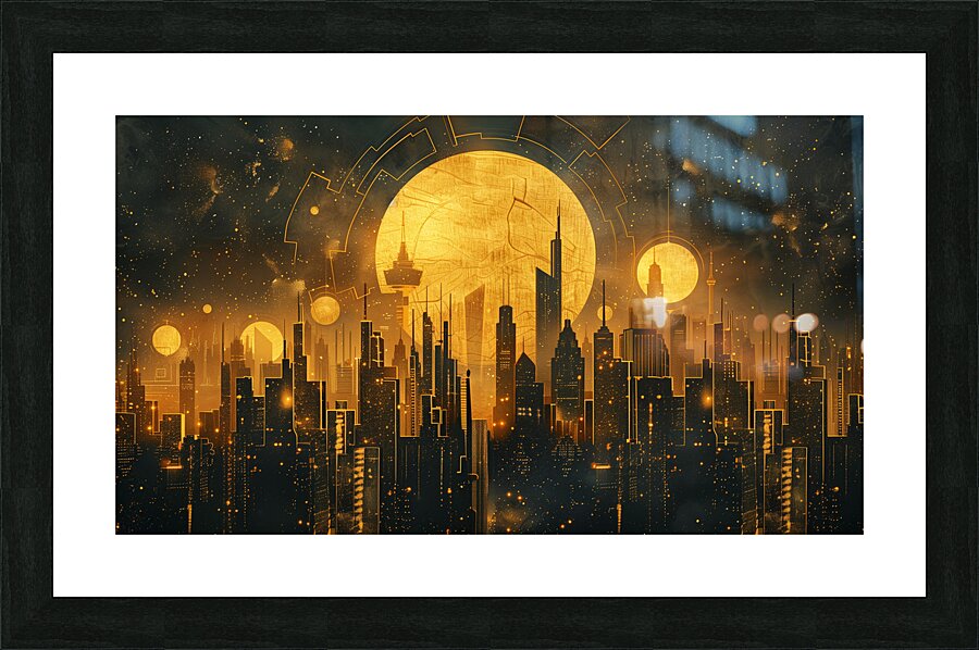 A celestial cityscape where skyscrapers and lan f Picture Frame print