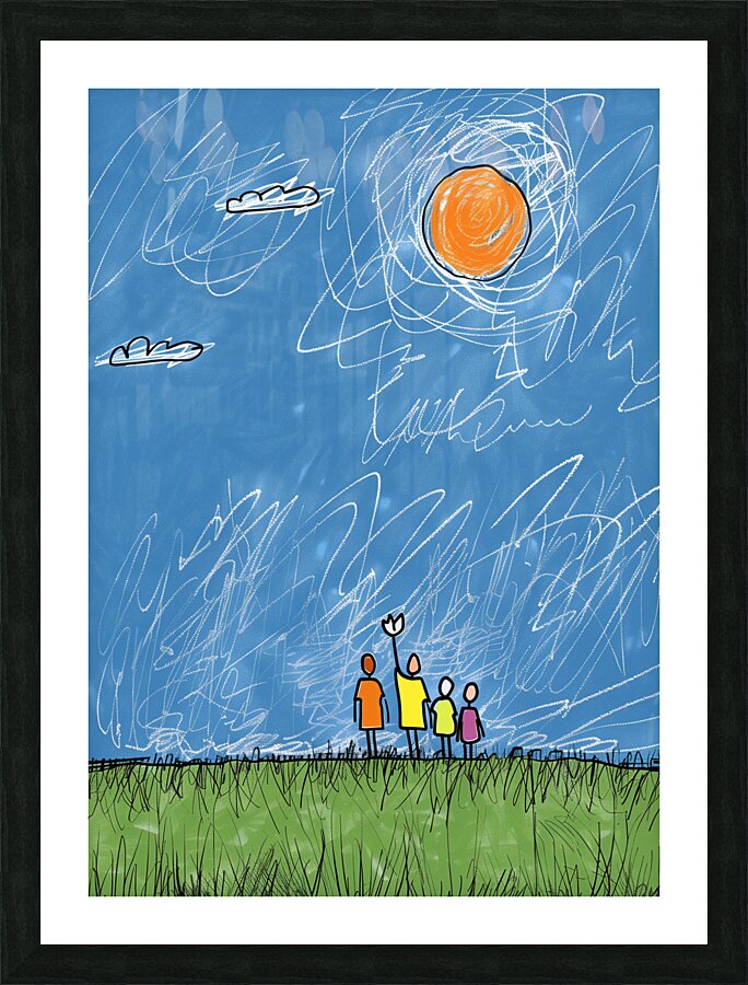 a happy family of four look at sky by Allie Bro f Picture Frame print