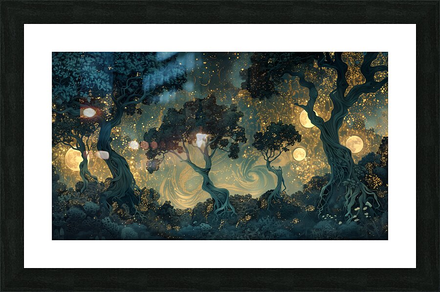 A mystical forest bathed in the soft glow of mo d Picture Frame print