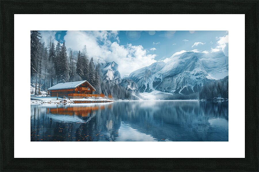 A serene mountain lake surrounded by snow cappe 8 Picture Frame print