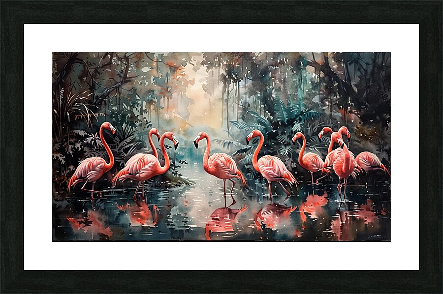 A stunning panorama of a flock of flamingos wad d Picture Frame print