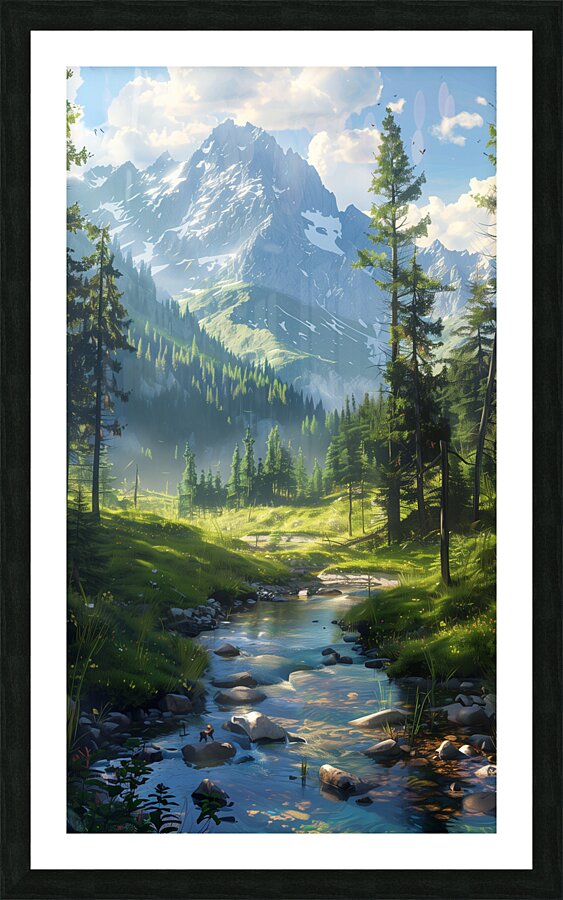 A tranquil mountain stream winds through the fo b Picture Frame print