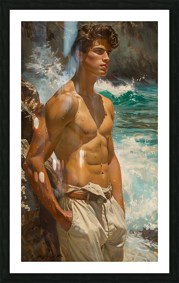 adolescent latino boy at the beach waves in the d Picture Frame print