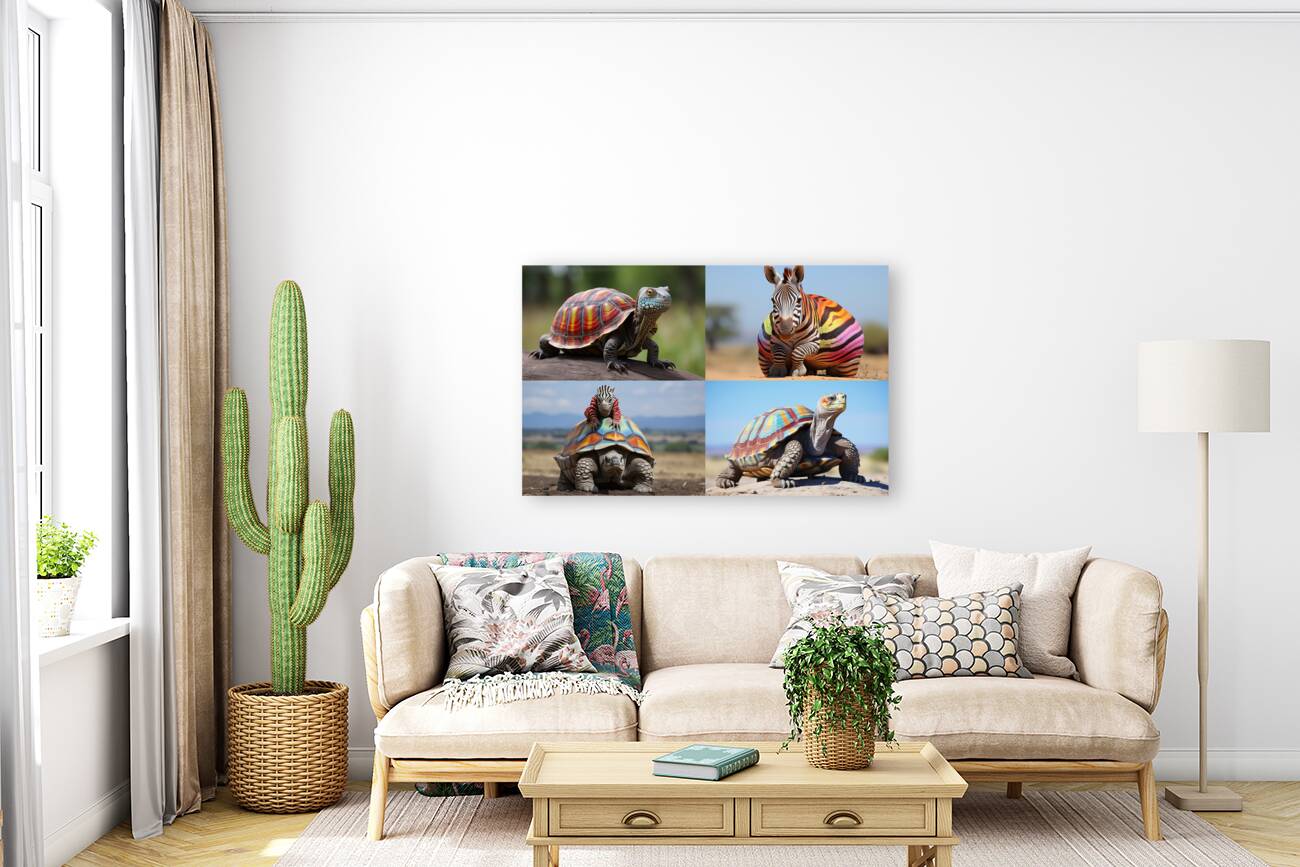 A colorful tortoise sitting on a zebra in Afric 1 Reproduction