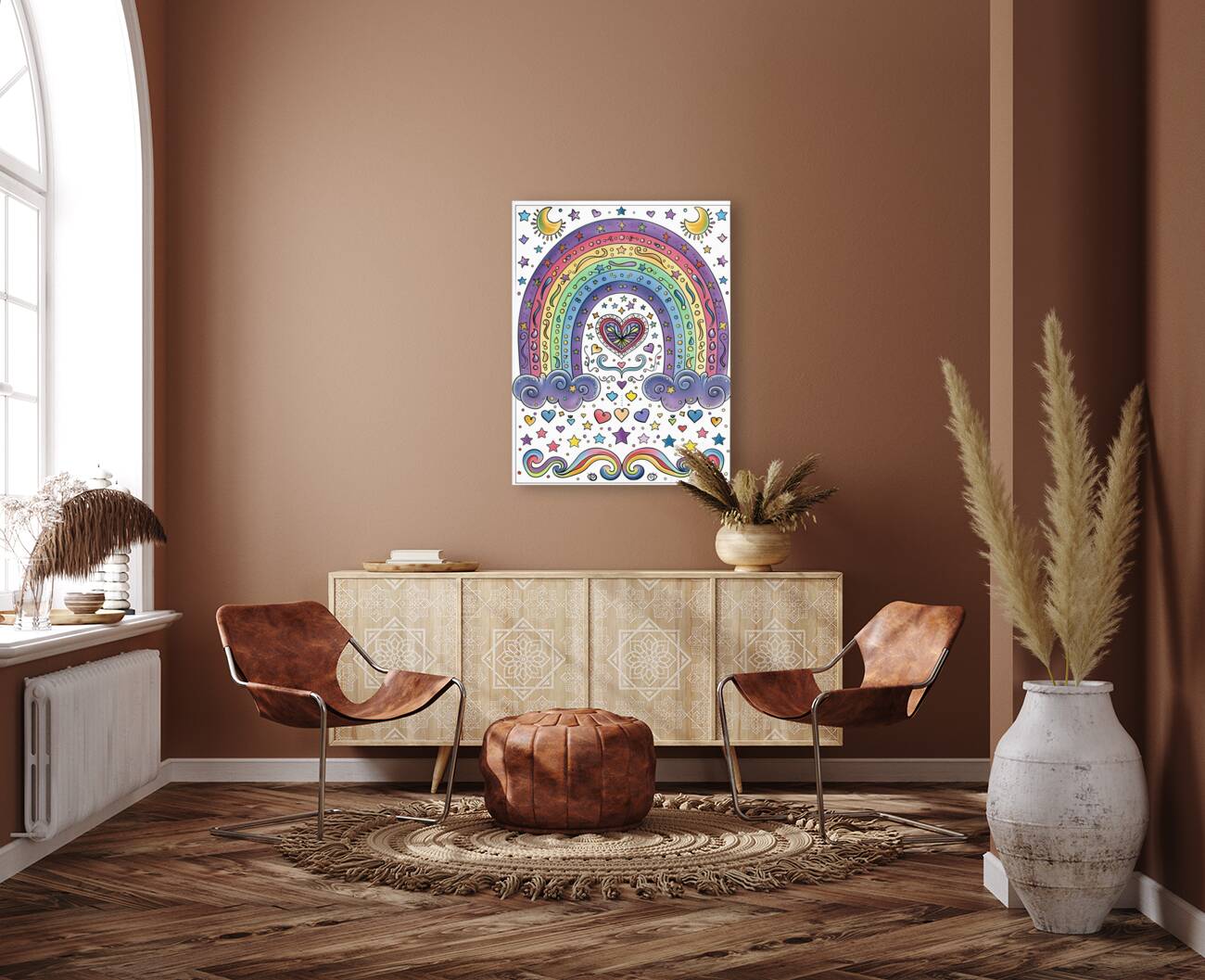 A coloring book page featuring a rainbow each w 3 Reproduction