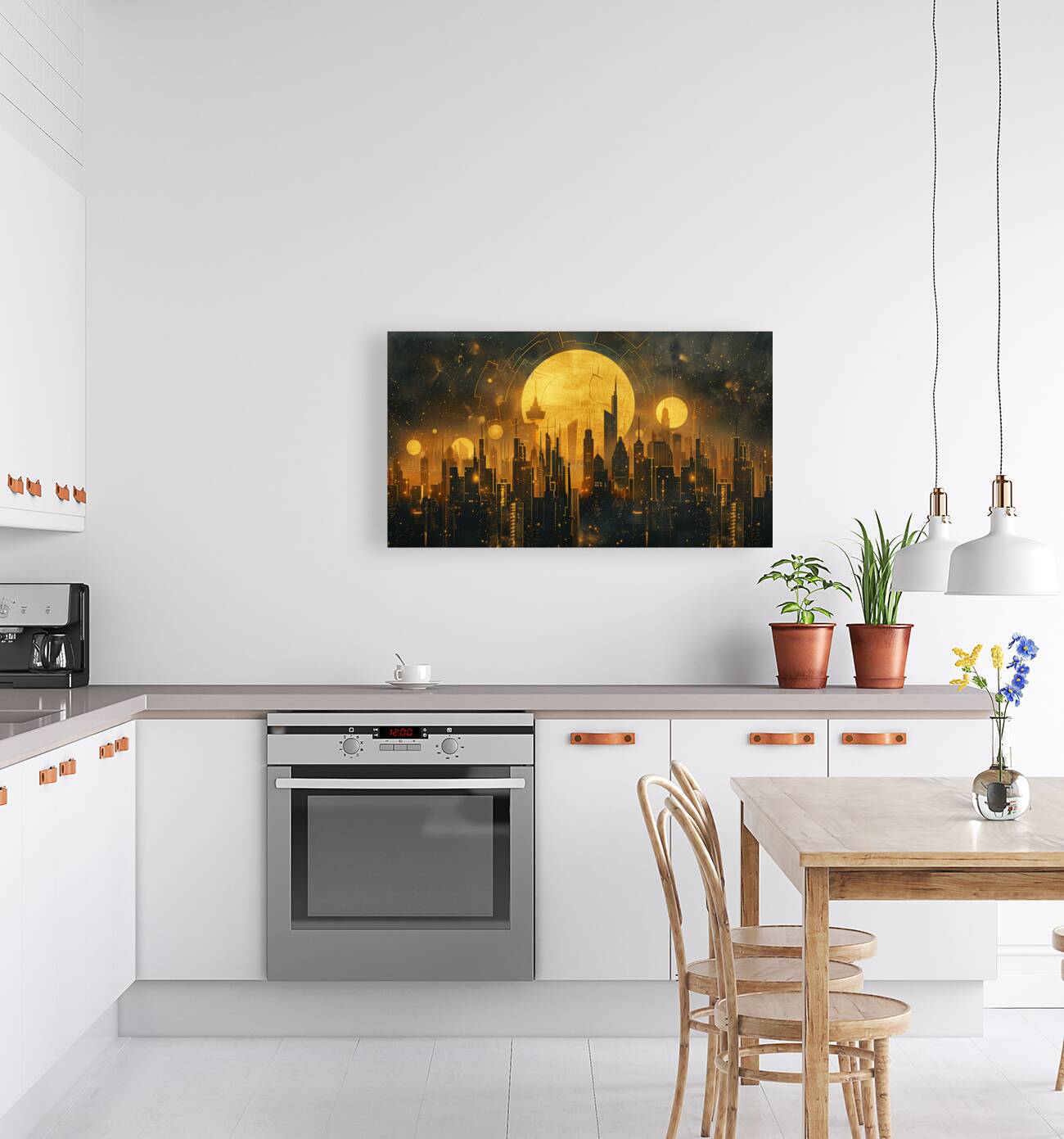 A celestial cityscape where skyscrapers and lan f Reproduction