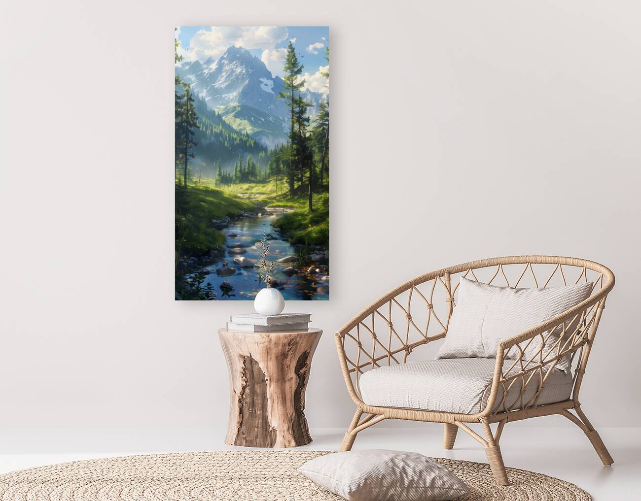 A tranquil mountain stream winds through the fo b Reproduction