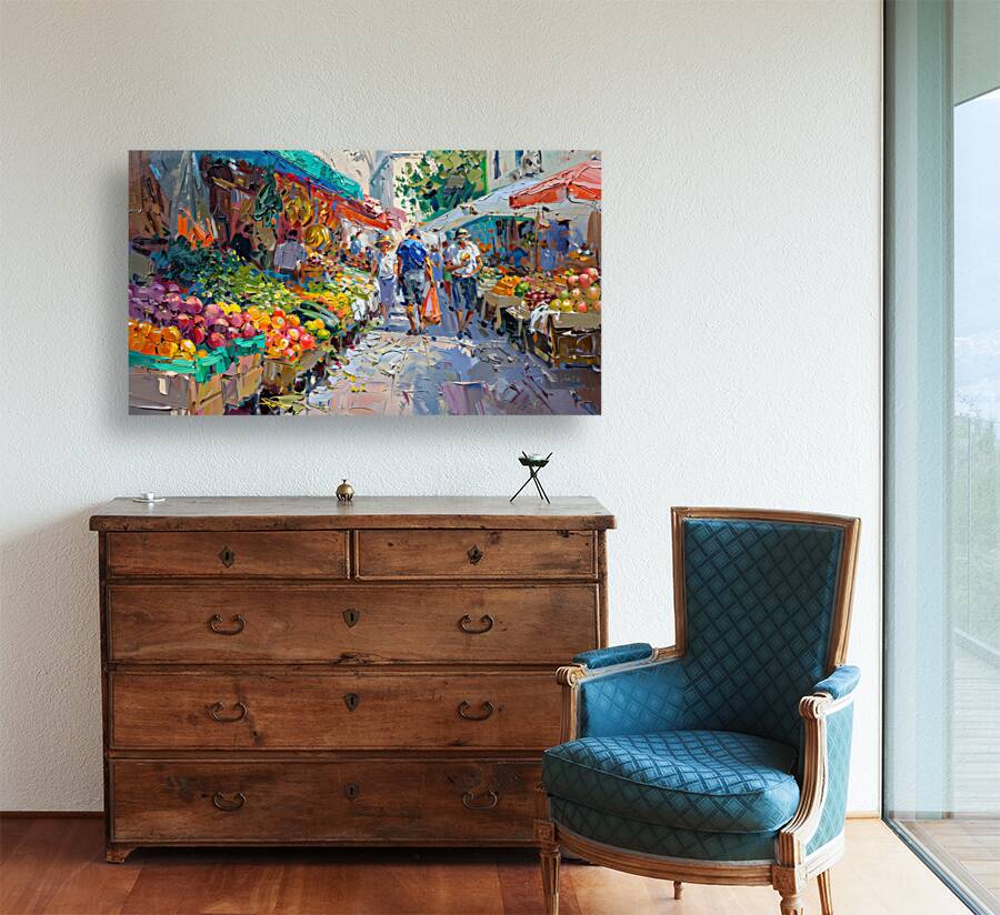 A vibrant market scene bustling with activity w f Reproduction