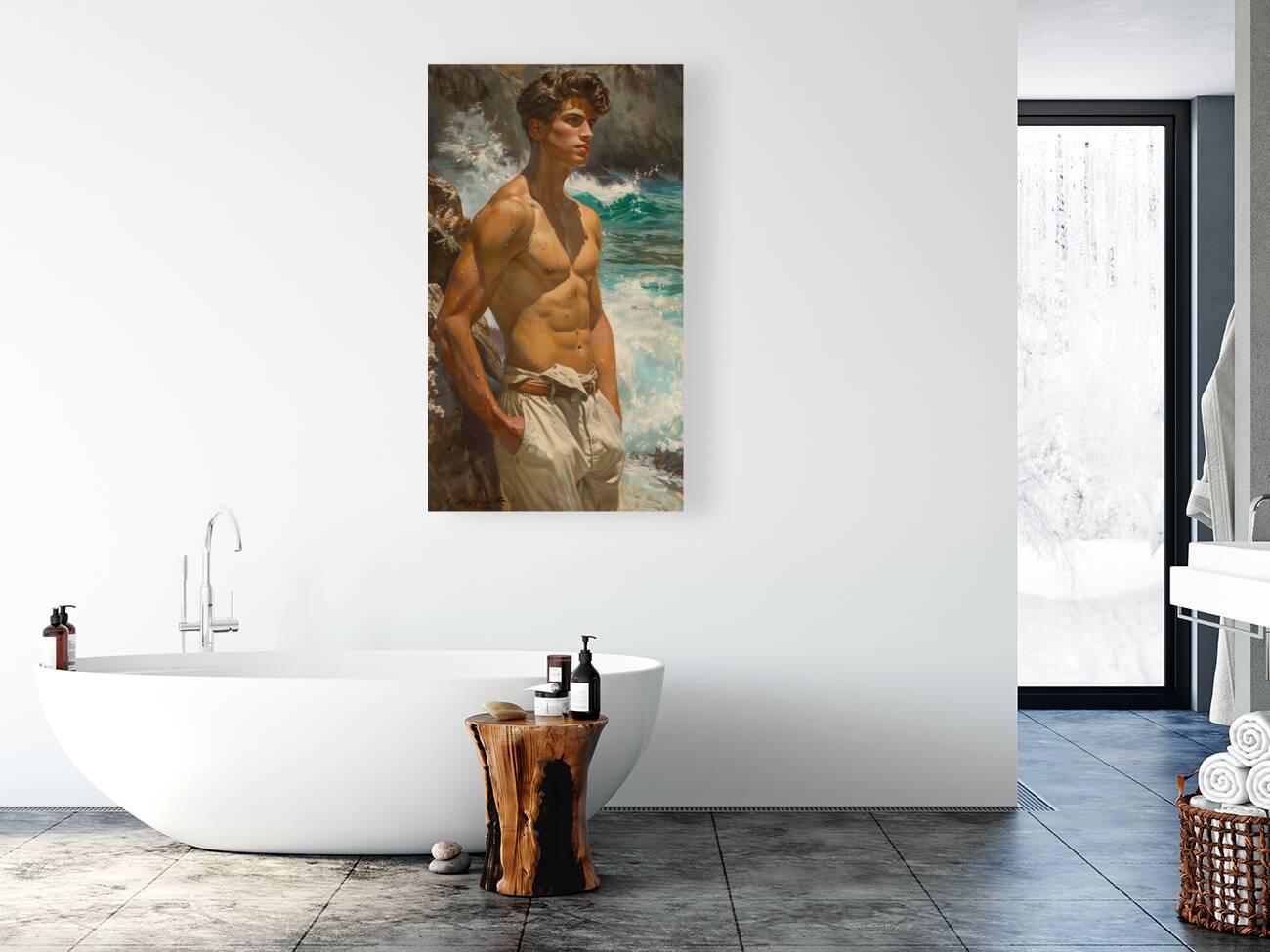 adolescent latino boy at the beach waves in the d Reproduction