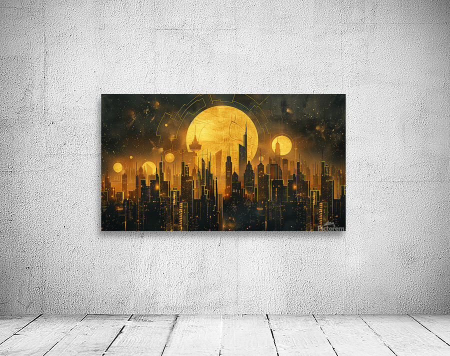 A celestial cityscape where skyscrapers and lan f Wall Preview