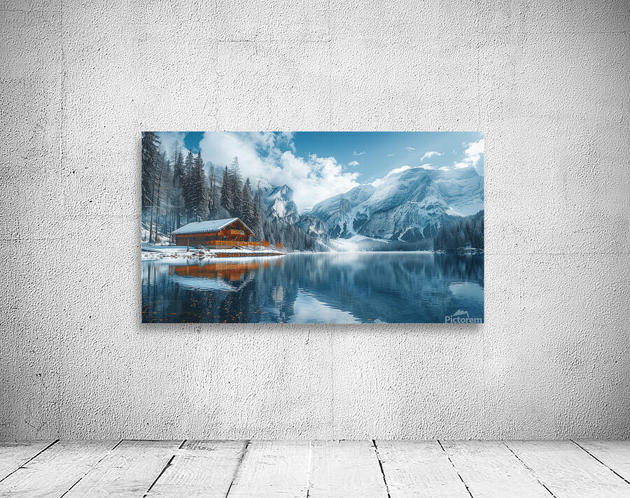 A serene mountain lake surrounded by snow cappe 8 Wall Preview
