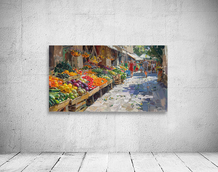 A vibrant market scene bustling with activity w f Wall Preview