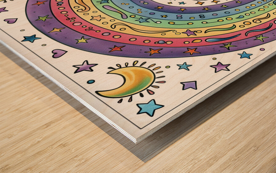 A coloring book page featuring a rainbow each w 3 Wood print