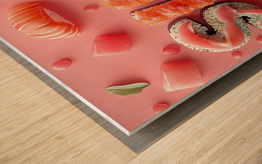 3d letters SUSHI with sushi food and accessorie 7 Wood print