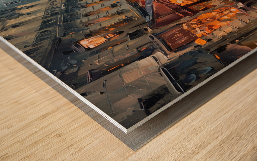 A captivating depiction of a bustling Parisian  d Wood print