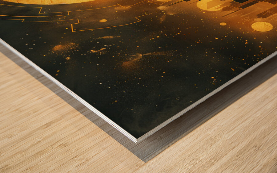 A celestial cityscape where skyscrapers and lan f Wood print