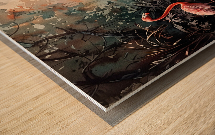 A stunning panorama of a flock of flamingos wad d Wood print