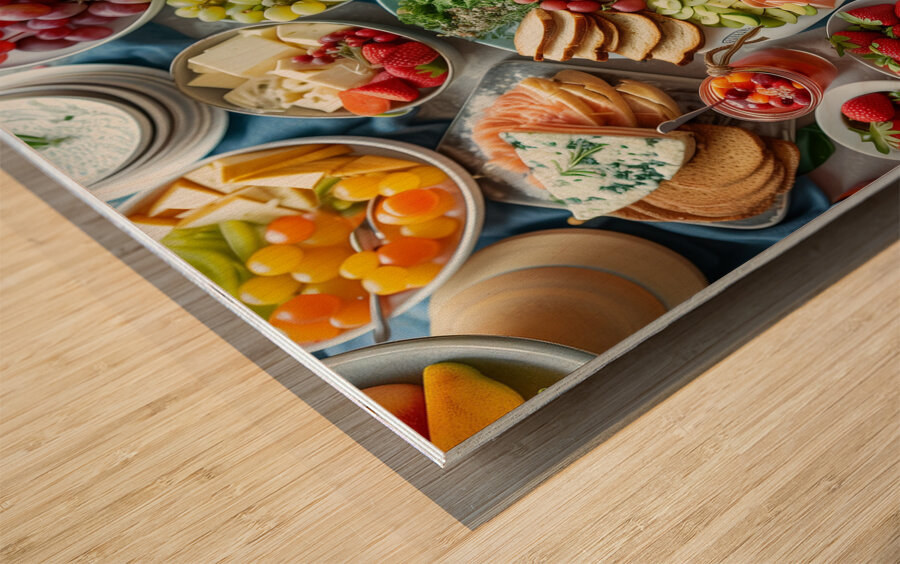 a top view of colorful table set with many diff 2 Wood print